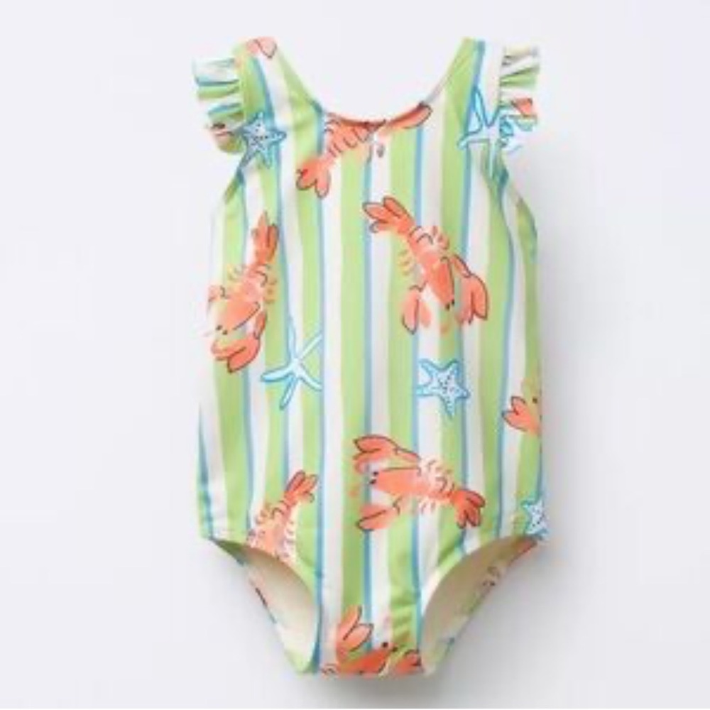 Zara Girls Green & Blue Striped One-Piece Swimsuit with Orange Lobster Print